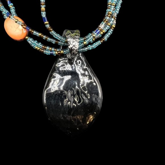 Glass Pendant Beaded Necklace Handmade Blue Green Fashion Jewelry Adjustable - Picture 7 of 7